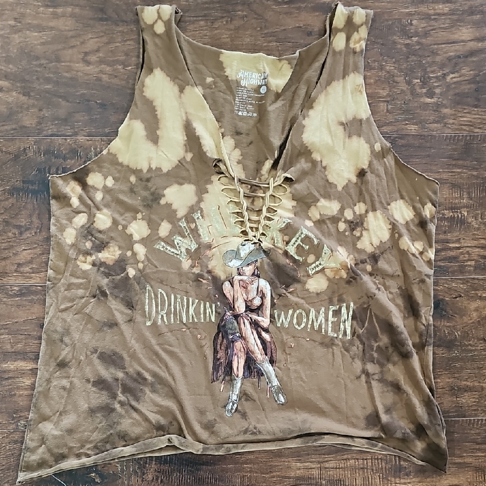Women's Brown Tie-Dye Lace-Up Graphic Tank Top